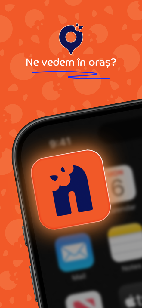 Icono de la aplicación Nommy Restaurant Club en la pantalla de inicio de un iPhone con un fondo naranja brillante y texto en rumano.