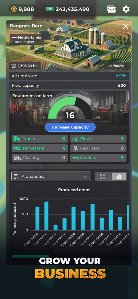 Farm Manager - 2026 - Interface of Farm Manager 2026 showing equipment inventory and crop production statistics