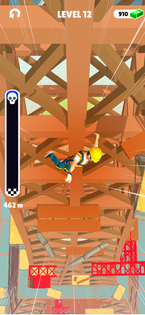 Ragdoll Fall: Break the Bones! - Ragdoll character with yellow helmet falling down a wooden construction structure