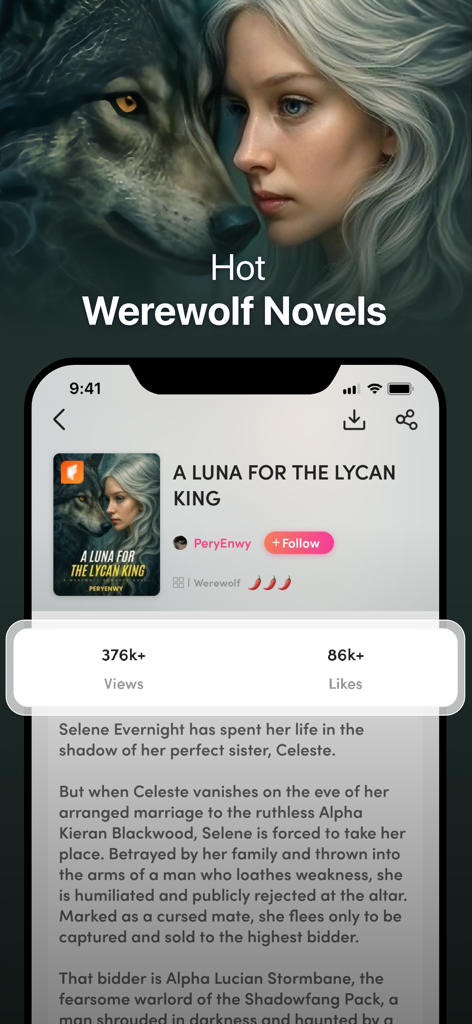 Oberfläche der My Fiction App mit einem beliebten Werwolf-Romanze-Roman und Engagement-Statistiken.