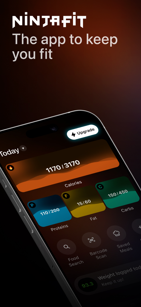 Ninja Fit: Ai Calorie tracker - Tableau de bord de l'application mobile Ninja Fit affichant les progrès quotidiens en calories et macronutriments