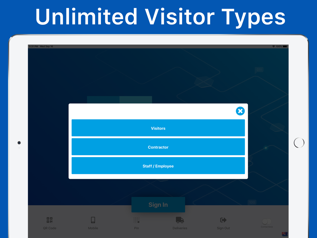Interfaccia tablet di VisitUs che mostra diverse categorie di registrazione per visitatori, fornitori e personale