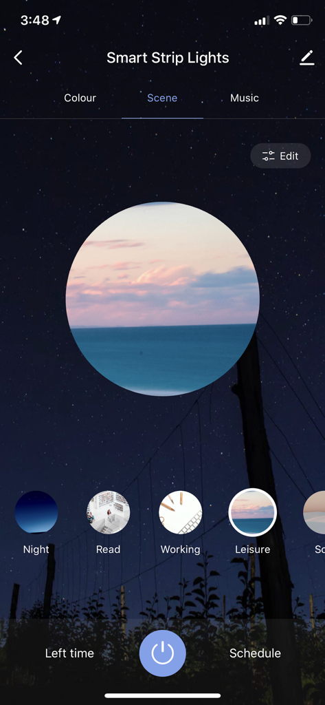 Maxim Smart app interface for controlling smart strip lights with various lighting scene presets like night and leisure