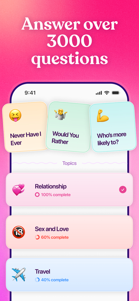 A display of relationship quiz categories and progress trackers in the Couple Joy app