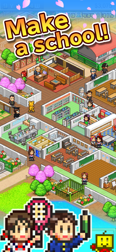 Pocket Academy ZERO - Pixel art school campus with classrooms, library, and students from the mobile game Pocket Academy ZERO.