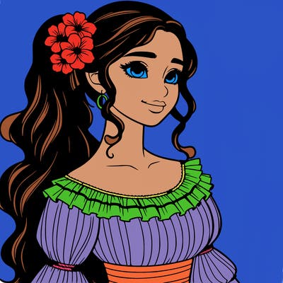 a single latina woman with a side ponytail and a long dress with ruffles. she has a few discreet flowers in her hair. realistic