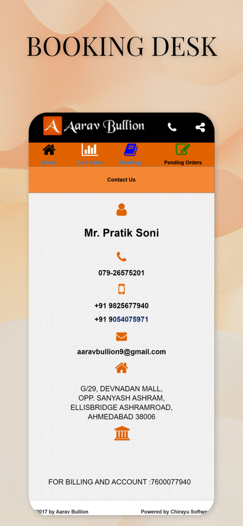 Aarav Bullion app booking desk screen showing contact person details phone numbers and address