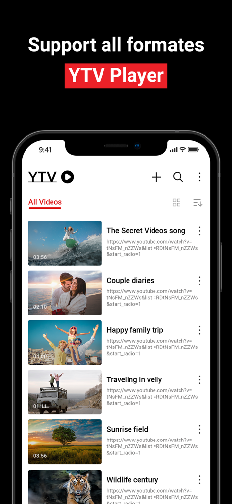 YTV Player Pro App-Oberfläche auf dem iPhone, die eine Liste von Videolinks mit Miniaturansichten und Titeln anzeigt