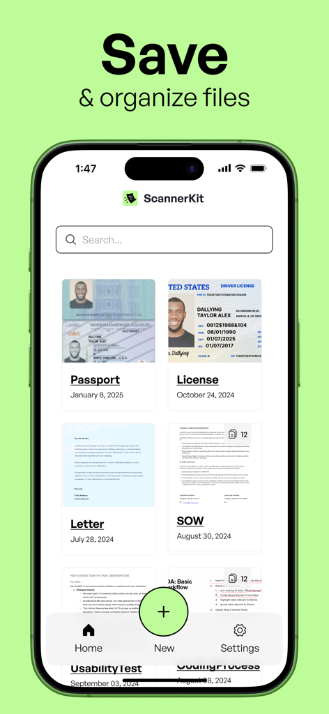 Scannerkit: PDF & Scanner App - ScannerKit app interface showing a gallery of organized digital documents including ID cards and letters