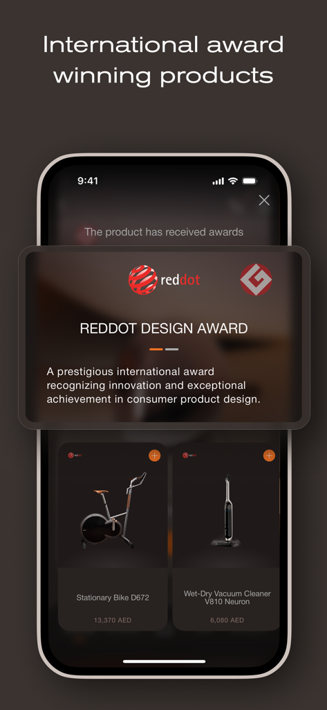 BORK Deliberate Excellence - BORK app interface showcasing international design awards for premium home appliances