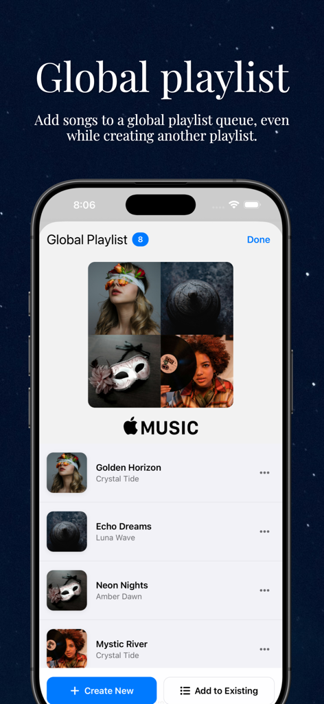 sono AI - Interfaz de la aplicación sono AI mostrando la función 'Playlist Global' con una lista de canciones integradas con Apple Music.