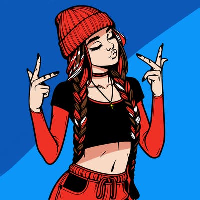 realistic teenage girl with braids and a beanie and crop top doing 🫶🏼