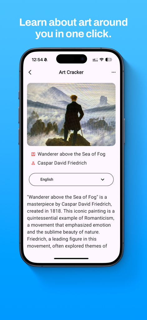 ArtCracker - travel art guide - ArtCracker mobile app screen displaying historical details for the painting Wanderer above the Sea of Fog