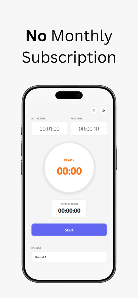 Minimalist workout timer interface for Interval Timer Loop app highlighting no monthly subscription.