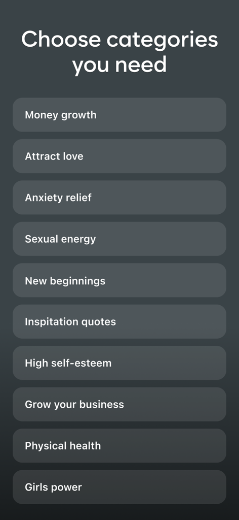 Aura - Daily Affirmations AI - A menu in the Aura app listing different affirmation categories such as money growth, attract love, and anxiety relief.