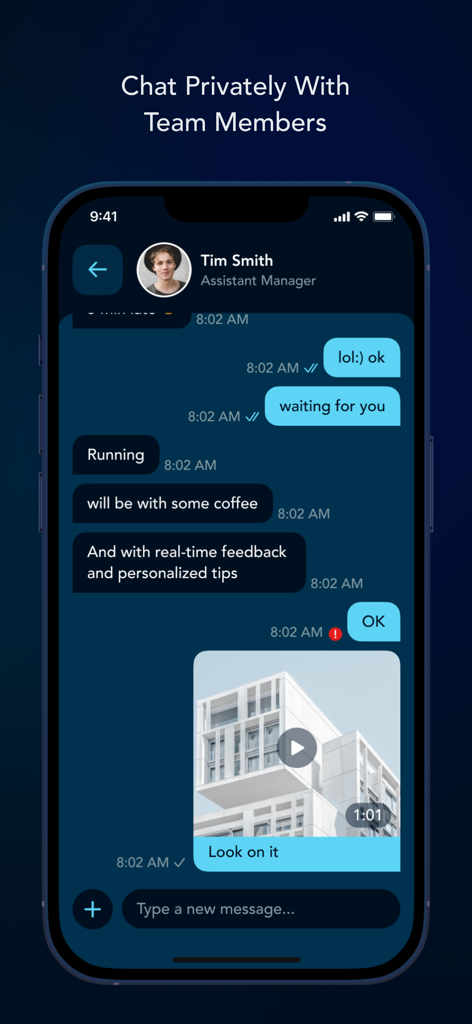 Woven app private chat screen showing a messaging conversation between a manager and an assistant manager