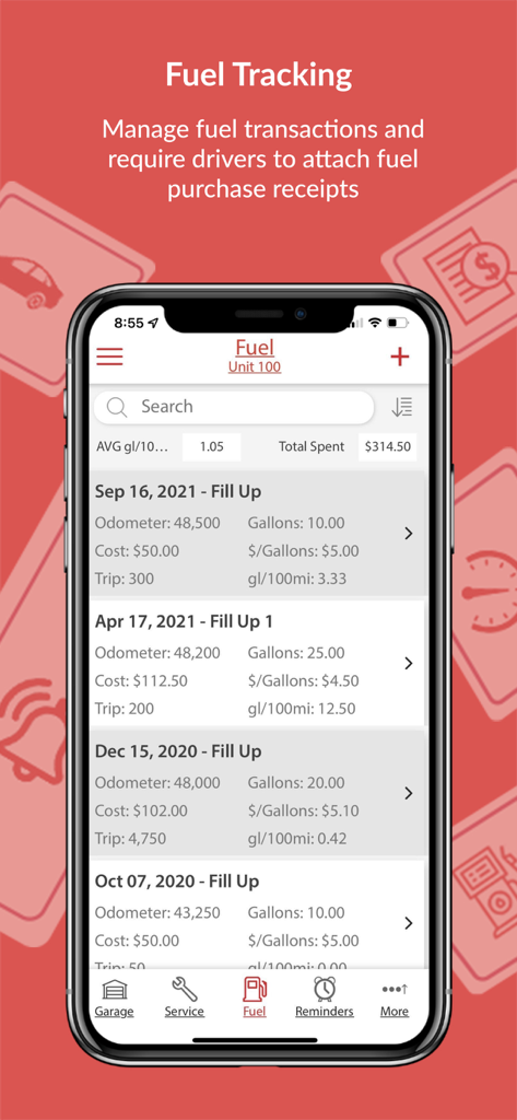 AUTOsist Fleet Management App - AUTOsist mobile app interface showing detailed fuel transaction logs and receipt management