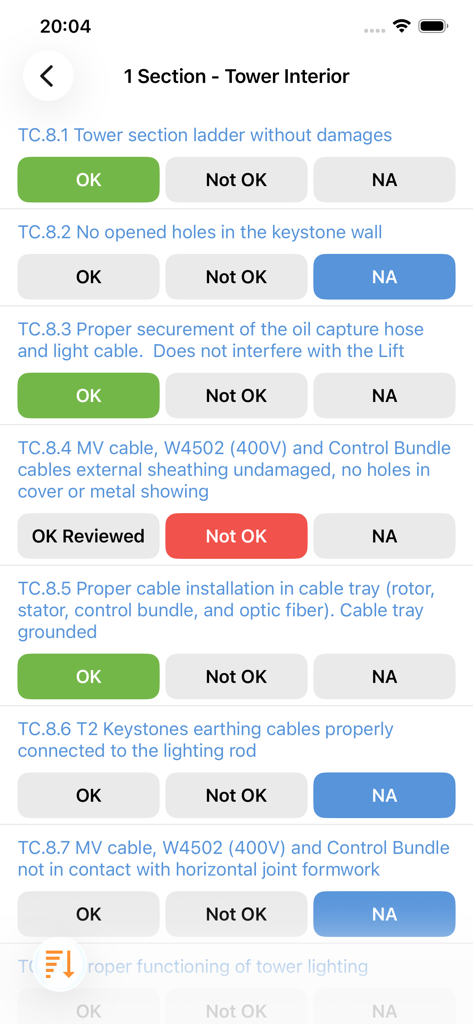 Industrial inspection checklist in the Upvise app for field service maintenance