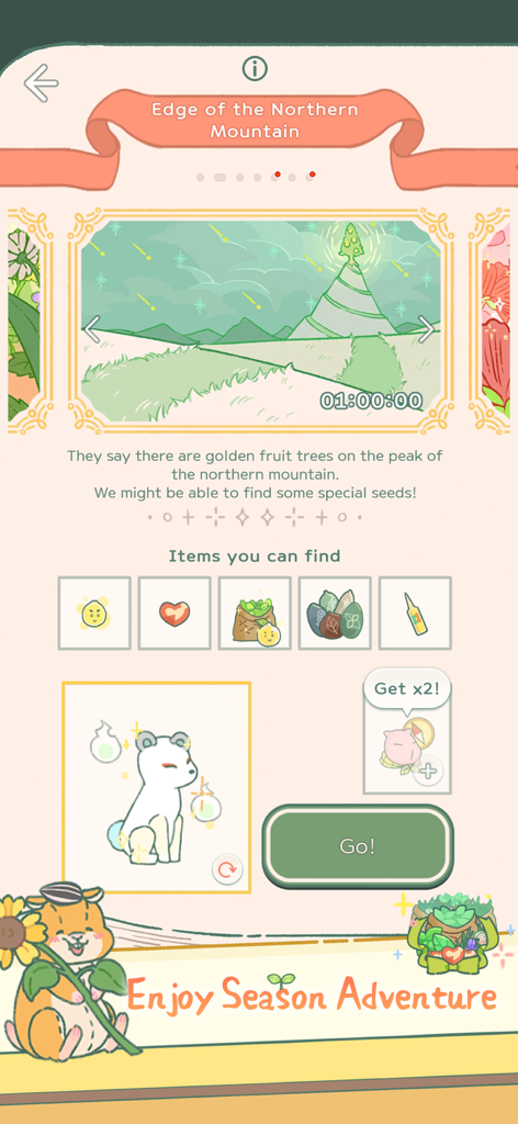 Little Corner Tea House - Gameplay screen of the seasonal adventure mode in Little Corner Tea House showing the Edge of the Northern Mountain quest.