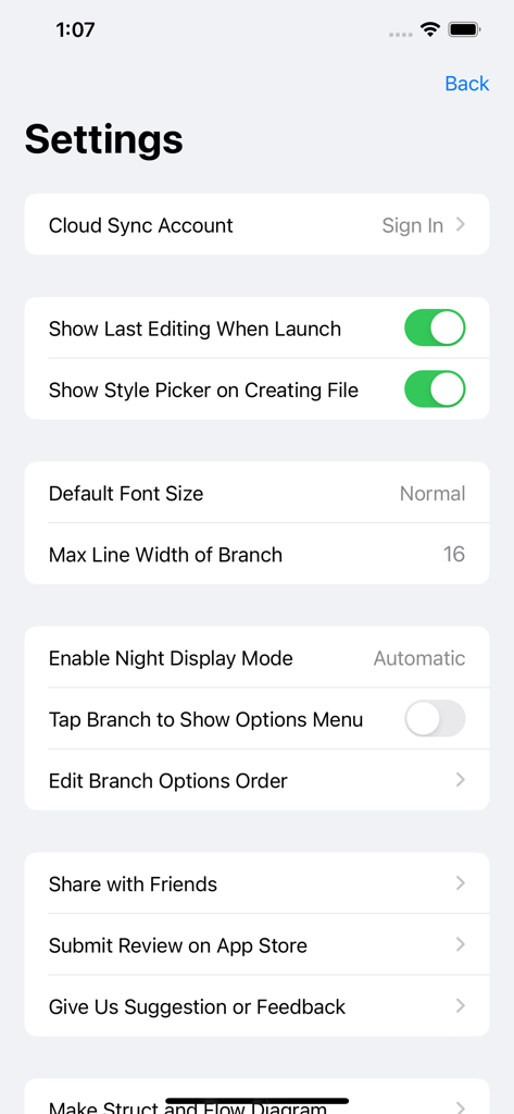 Settings screen of the MindLine Mind Map app showing cloud sync and display customization options.