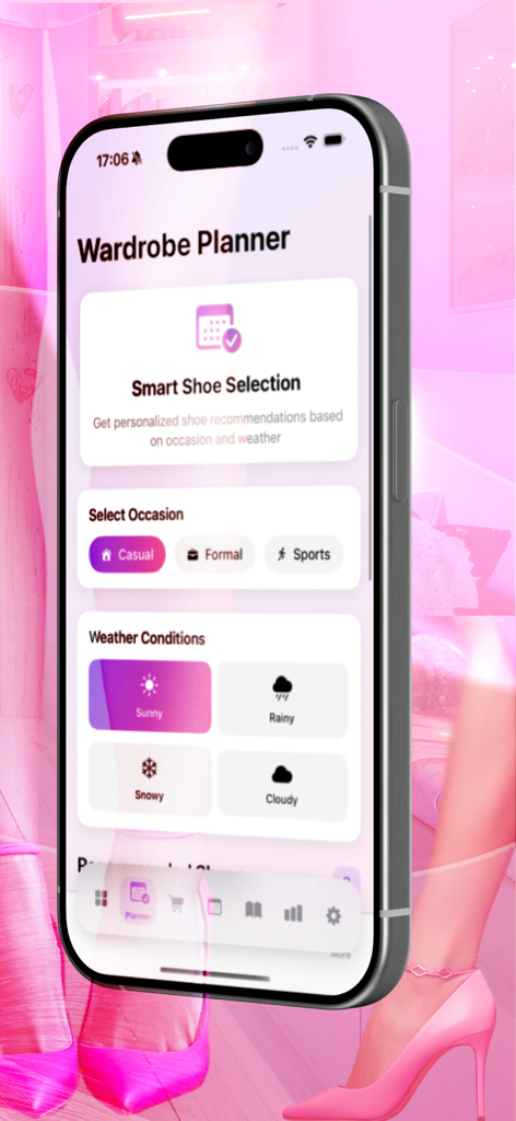 Pantalla de Planificador de Armario en la app FF-Feet Find Vault que muestra opciones de selección de zapatos para diferentes ocasiones y condiciones climáticas
