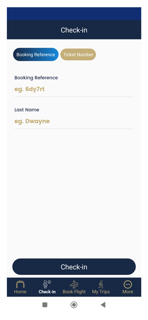 Nile Air - Online-Check-in-Bildschirm der Nile Air Mobile App mit Feldern für Buchungsreferenz und Nachnamen