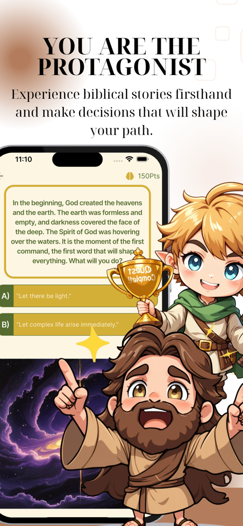 Bible Quest: Christian Trivia - Mobile screen showing a decision-based biblical adventure in the Bible Quest app with cartoon characters and story choices