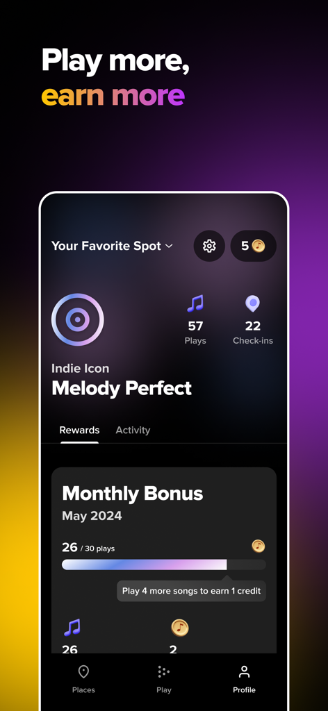 TouchTunes app profile screen showing user rewards and monthly bonus progress.
