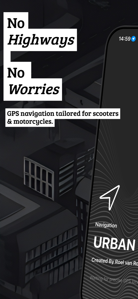 Urban Rider Scooter navigation - Schermata dell'app Urban Rider che mostra la navigazione GPS senza autostrade per scooter e moto