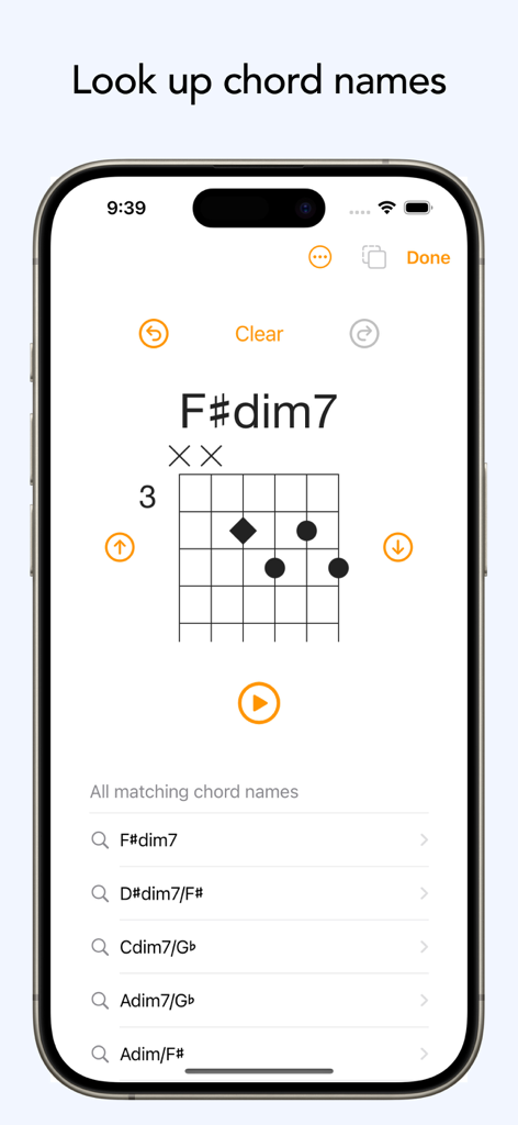 ChordMate 4 - ChordMate 4 interface displaying a guitar chord diagram and a list of matching chord names for F sharp diminished 7.