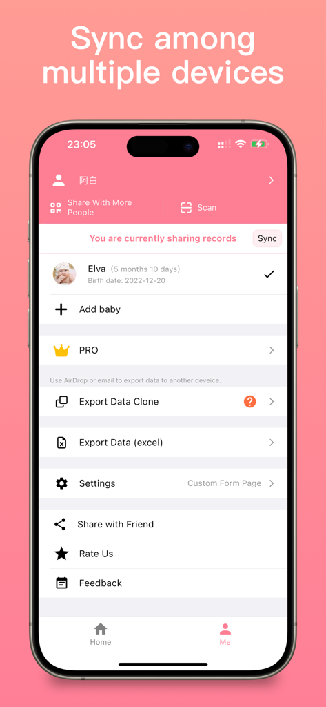Baby Tracker app settings screen showing options to sync records across devices and export data to Excel.