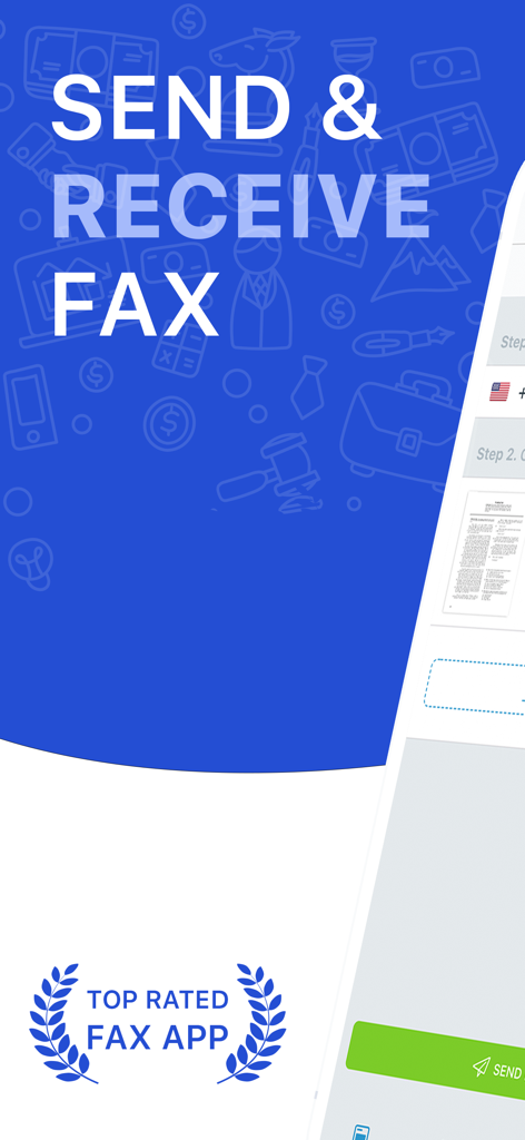 FAX for iPhone: Send & Receive - Promotional screen for Fax for iPhone app featuring the text Send and Receive Fax and a Top Rated Fax App badge.