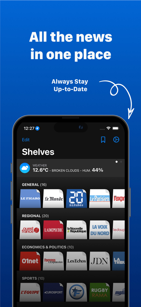 French Newspapers - Interfaz de la aplicación Periódicos franceses que muestra fuentes de noticias categorizadas, incluyendo Le Figaro, Le Monde y L'Equipe, en un estante digital