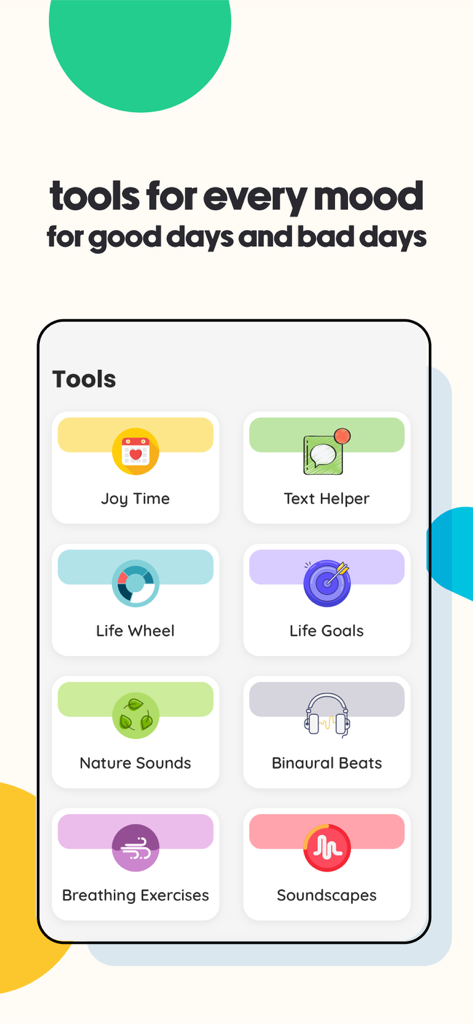 Shmoodyアプリの画面。喜びの時間、呼吸法、自然の音など、メンタルウェルネスツールのメニューを表示しています。