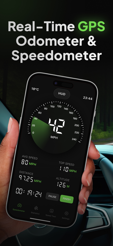 Real-time GPS speedometer and odometer interface on a smartphone held inside a car