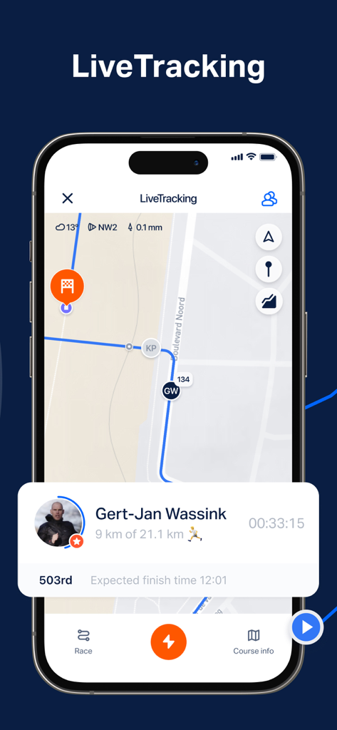 TRACX LiveTracking screen displaying athlete location and race statistics
