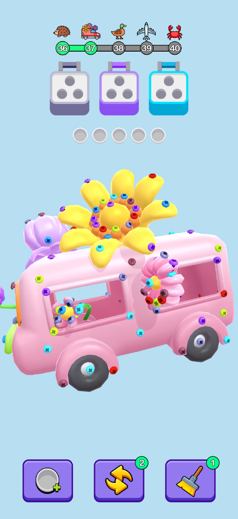 3D pin puzzle gameplay featuring a pink toy van with colorful screws and flowers