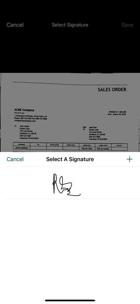 Scan It All Pro - Interfaz de la aplicación móvil que muestra una herramienta de selección de firma sobre un pedido de ventas escaneado