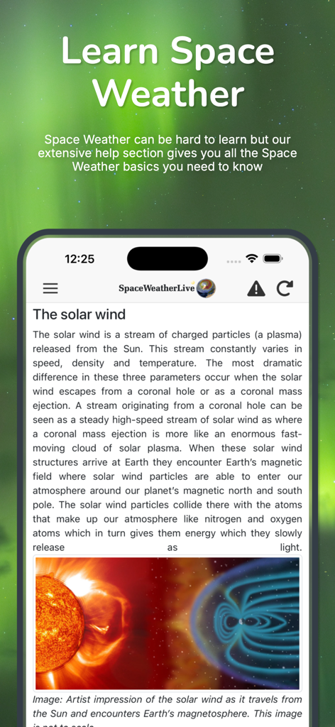 SpaceWeatherLive screen explaining the solar wind with scientific text and an illustration