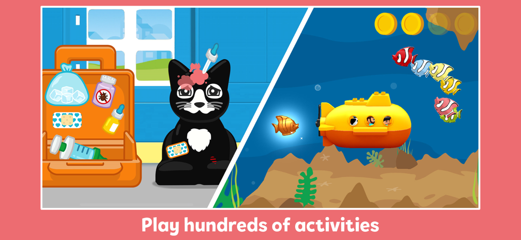 A split screen showing animal care and underwater submarine exploration in LEGO DUPLO World.