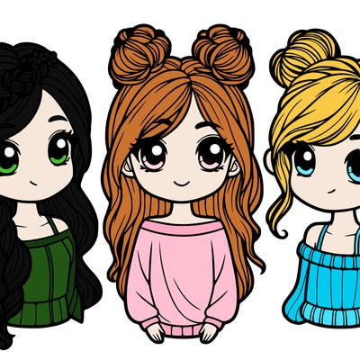 three girls one with long hair in a plait, one with her hair out and one with 2 buns