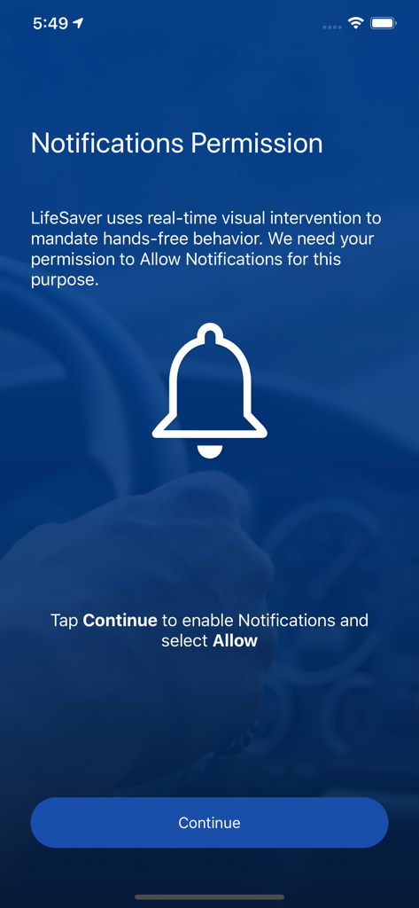 LifeSaver - Distracted Driving - Notifications permission screen in the LifeSaver app explaining the need for real-time visual intervention to mandate hands-free behavior.