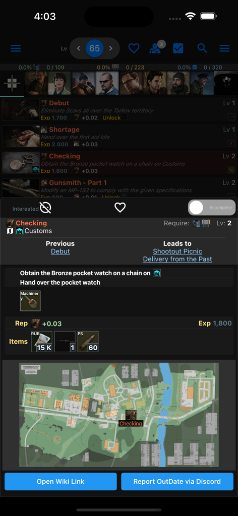 A mobile app screen showing quest details for the Checking mission in Escape from Tarkov with a location map and rewards.