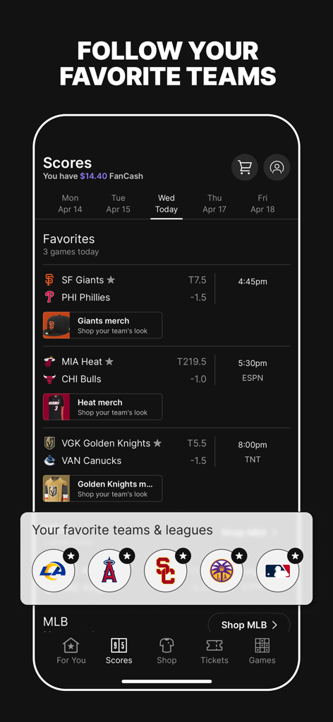 Fanatics app interface for tracking live scores and following favorite sports teams