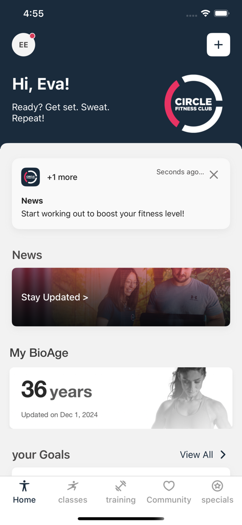 CIRCLE Fitness - Home screen of the CIRCLE Fitness app showing a user dashboard with BioAge tracking and fitness goals