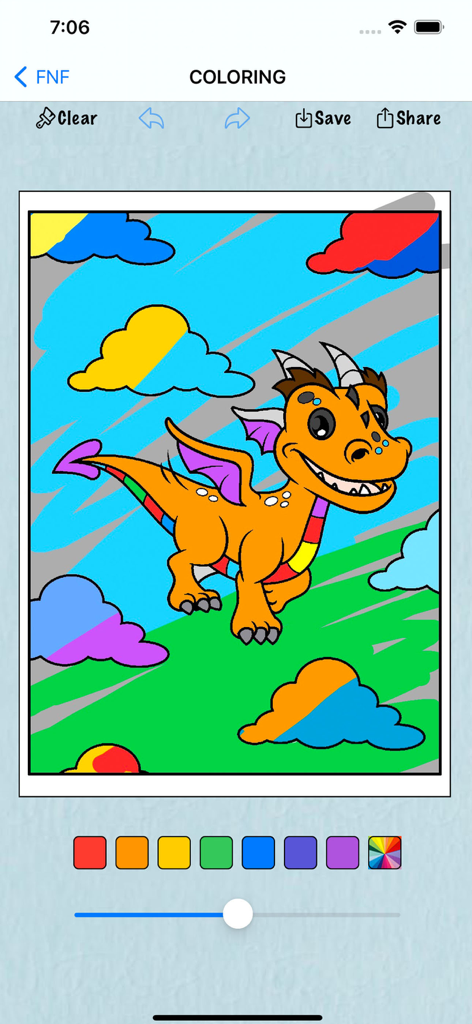 Coloring Book for Horror Anime - Interfaz de coloreado digital que muestra una página de dragón de dibujos animados naranja con una paleta de colores y herramientas de edición