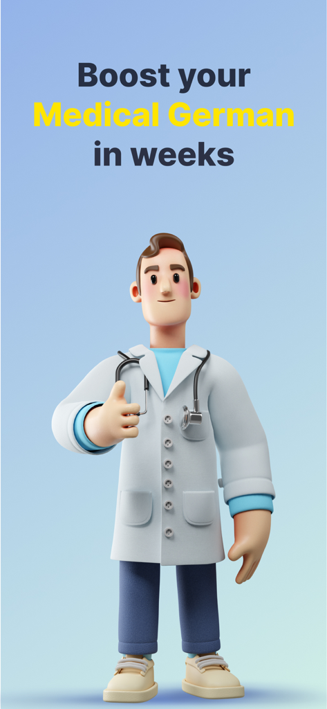 Medical German Language - 3D doctor illustration with the slogan Boost your Medical German in weeks