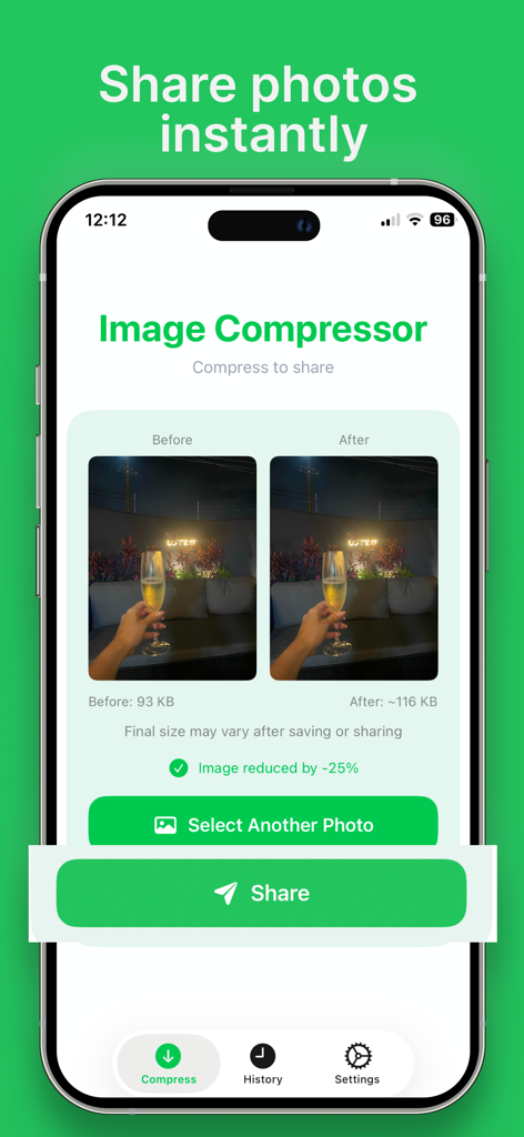 Image Compressor: Pro - Image Compressor Pro app interface displaying a before and after photo comparison and a large green share button