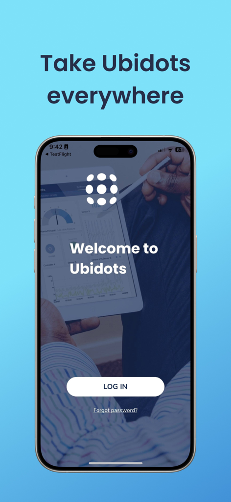 Ubidots IoT - Welcome screen of the Ubidots IoT mobile app featuring a login button and background dashboard imagery