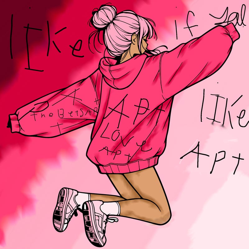 realistic girl jumping with a bun and oversized sweatshirt